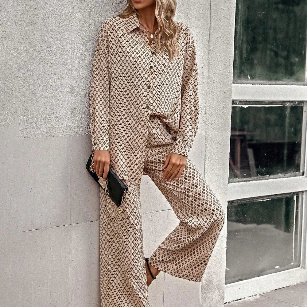 Apricot Casual Womens Allover Print Drop Shoulder Shirt & Wide Leg Pants - Picture 3 of 5